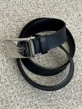 Burberry Men’s Nova Check Black & Blue Belt with Silver Plaque Buckle